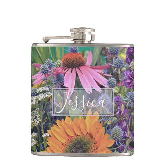 Colourful Summer Flower Garden Personalised Hip Flask (Front)