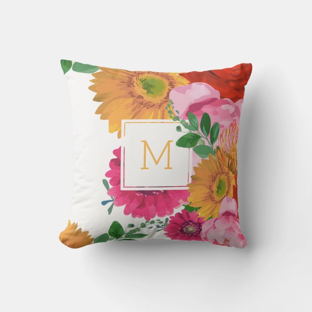 Colourful Summer Flowers Custom Monogram Outdoor Cushion (Front)