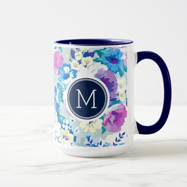 Colourful Summer Flowers Pattern Monogram Mug (Right)