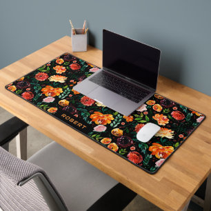 Colourful summer flowers pattern on black desk mat