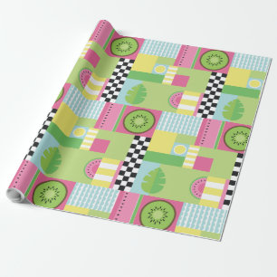 Colourful summer fruit pink green yellow mosaic wrapping paper