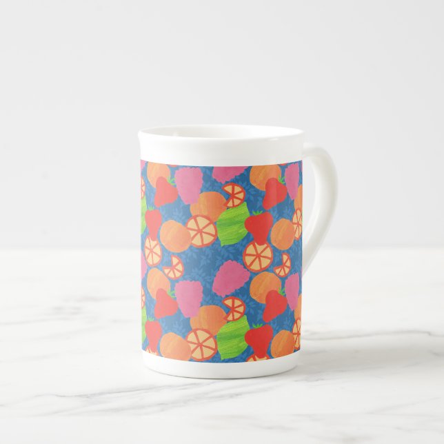 Colourful Summer Fruits Pattern on Deep Blue Bone China Mug (Front Right)