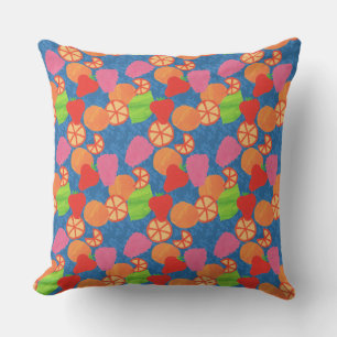Colourful Summer Fruits Pattern on Deep Blue Cushion