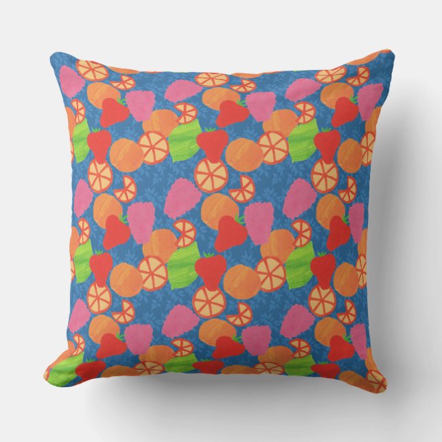 Colourful Summer Fruits Pattern on Deep Blue Cushion (Front)