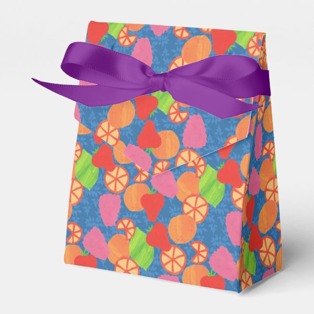 Colourful Summer Fruits Pattern on Deep Blue Favour Box (Front Side)