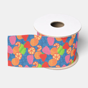 Colourful Summer Fruits Pattern on Deep Blue Grosgrain Ribbon