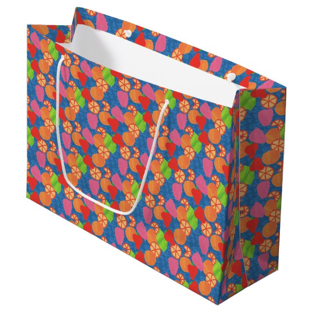 Colourful Summer Fruits Pattern on Deep Blue Large Gift Bag (Front Angled)