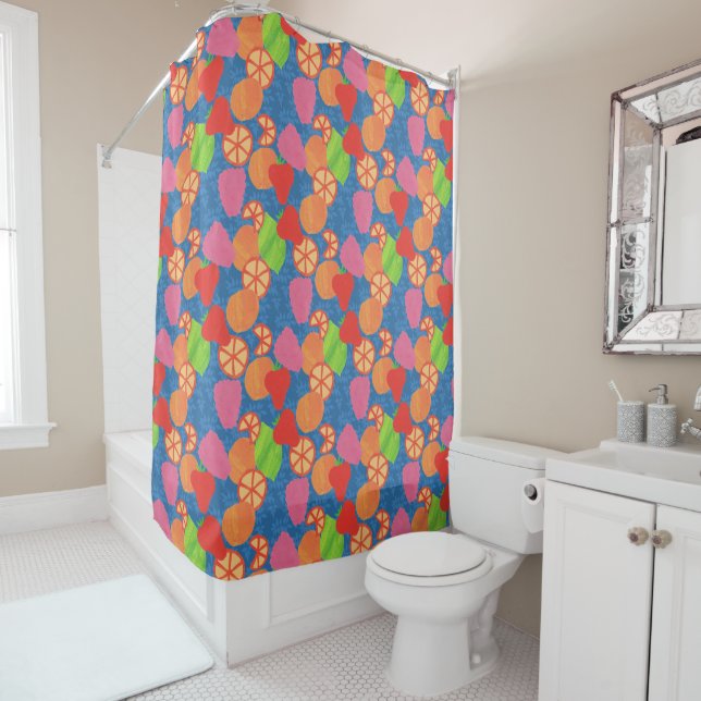 Colourful Summer Fruits Pattern on Deep Blue Shower Curtain (In Situ)