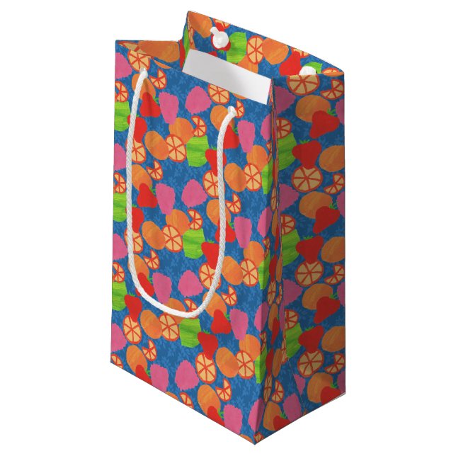 Colourful Summer Fruits Pattern on Deep Blue Small Gift Bag (Front Angled)