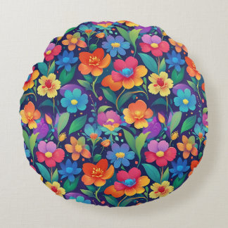 Colourful Summer Garden Floral Seamless Pattern Round Cushion