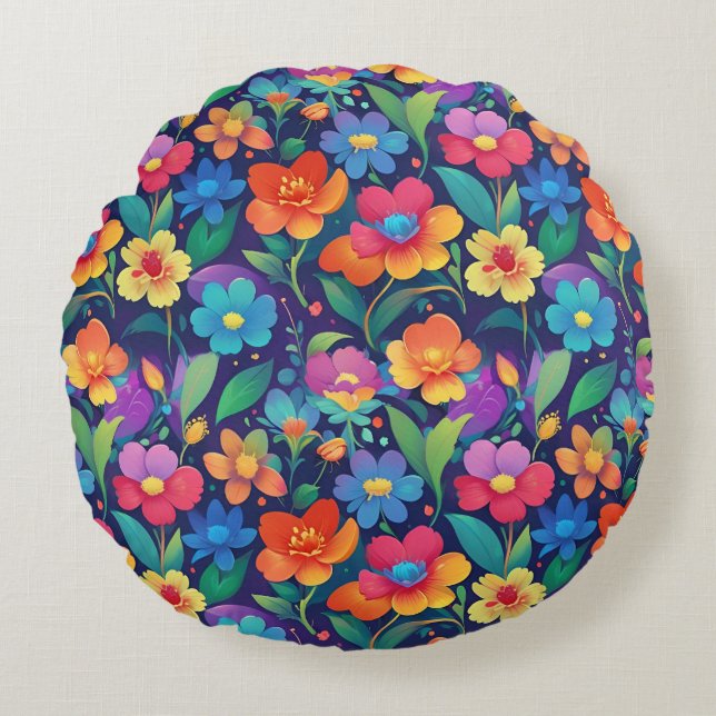 Colourful Summer Garden Floral Seamless Pattern Round Cushion (Front)