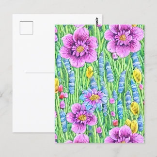 Colourful summer garden Purple flowers Greenery Postcard