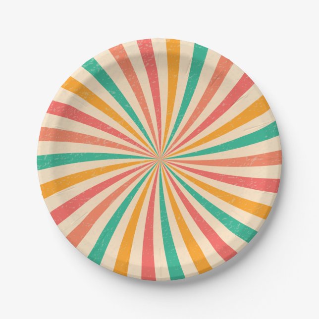 Colourful summer retro sunburst paper plate (Front)