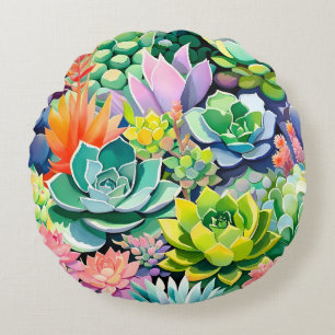Colourful Summer Succulent Botanical Garden Round Cushion