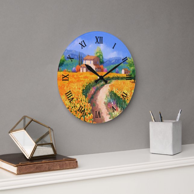 Colourful Summer Sun Flowers La Provence France Large Clock (Office)