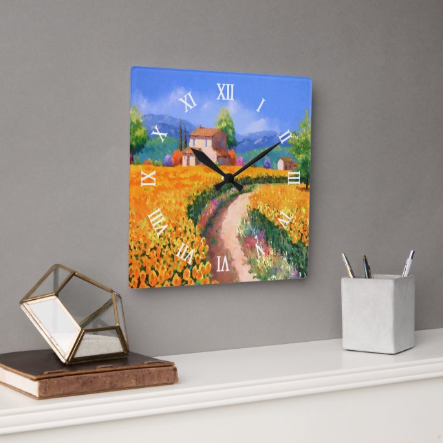 Colourful Summer Sun Flowers La Provence France Square Wall Clock (Office)