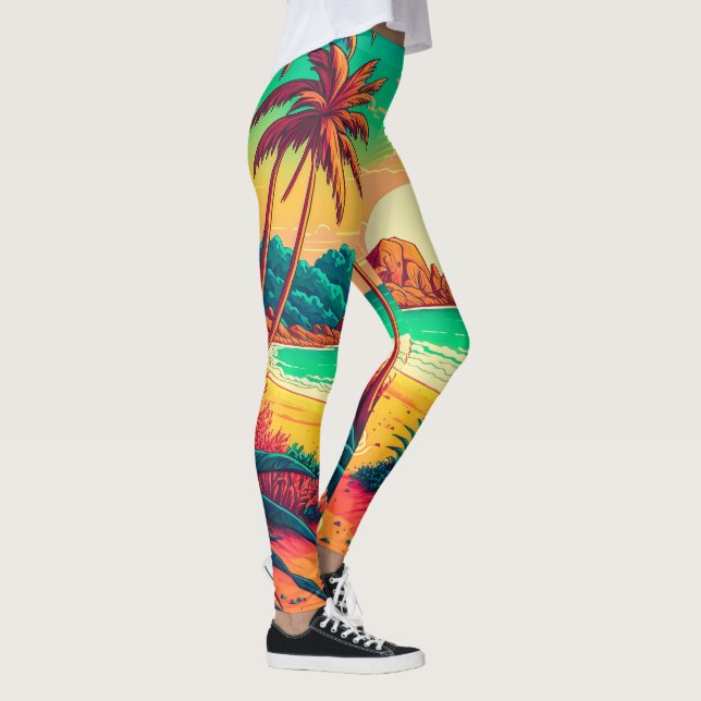 Colourful Summer Tropical Beach Landscape Artwork  Leggings (Right)
