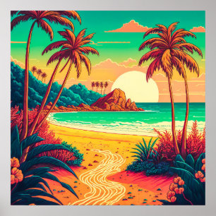 Colourful Summer Tropical Beach Landscape Artwork  Poster