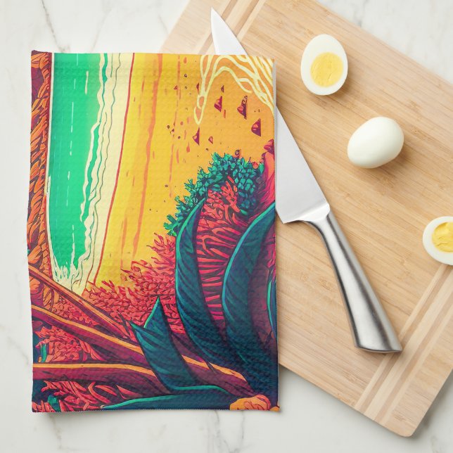 Colourful Summer Tropical Beach Landscape Artwork  Tea Towel (Quarter Fold)