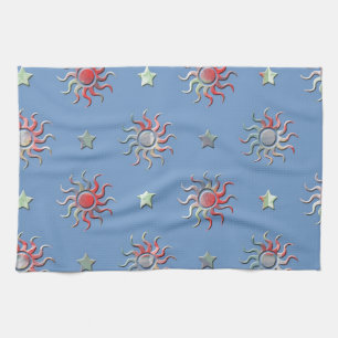 Colourful sun and stars design tea towel