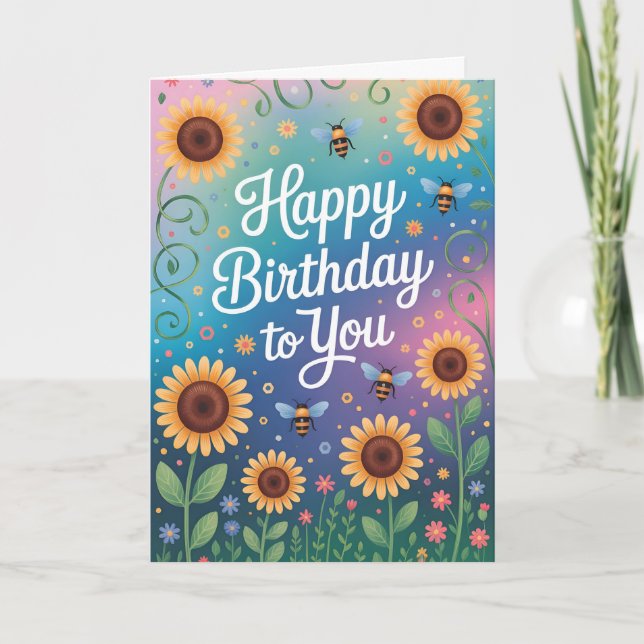Colourful Sunflower and Bee Happy Birthday Card (Front)