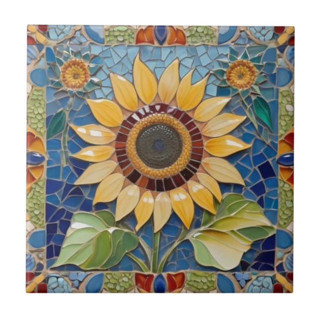 Colourful Sunflower Faux Mosaic Blue Tile (Front)