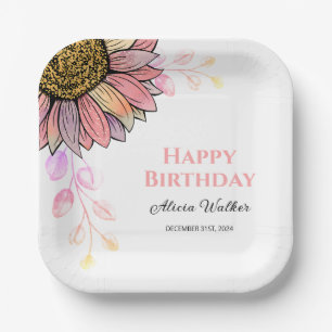 Colourful Sunflower Floral Peach Leaf Birthday  Paper Plate