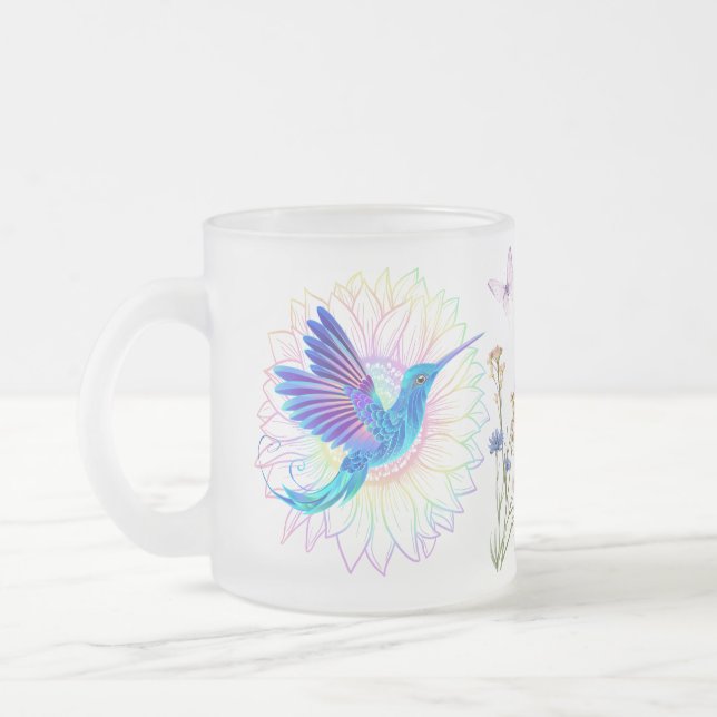 colourful Sunflower Hummingbirds Frosted Glass Coffee Mug (Left)