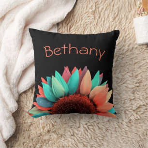 Colourful Sunflower on Black Personalised Cushion