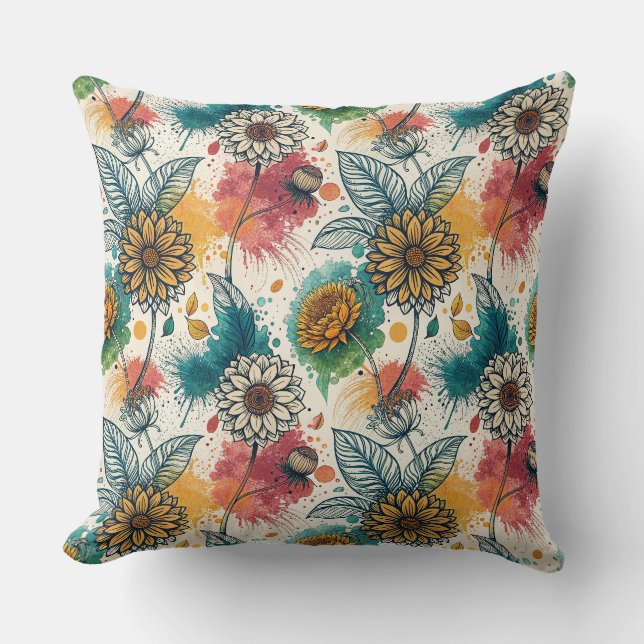 Colourful Sunflower Paint Splatter Artwork Pattern Cushion (Front)