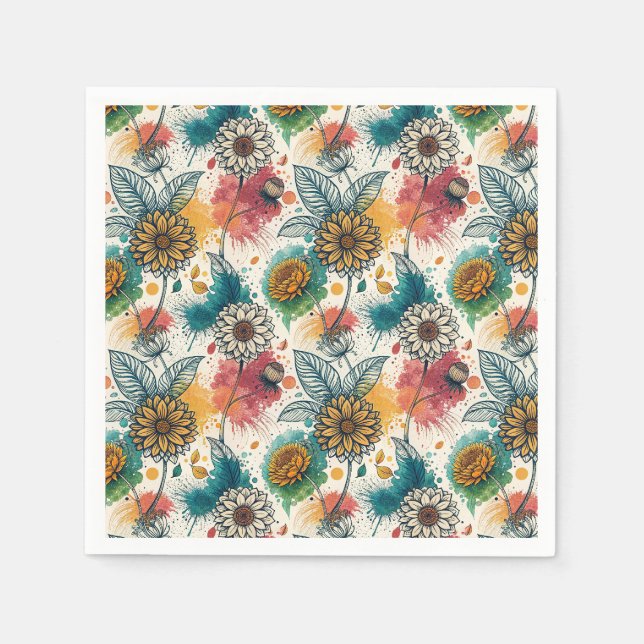 Colourful Sunflower Paint Splatter Artwork Pattern Napkin (Front)