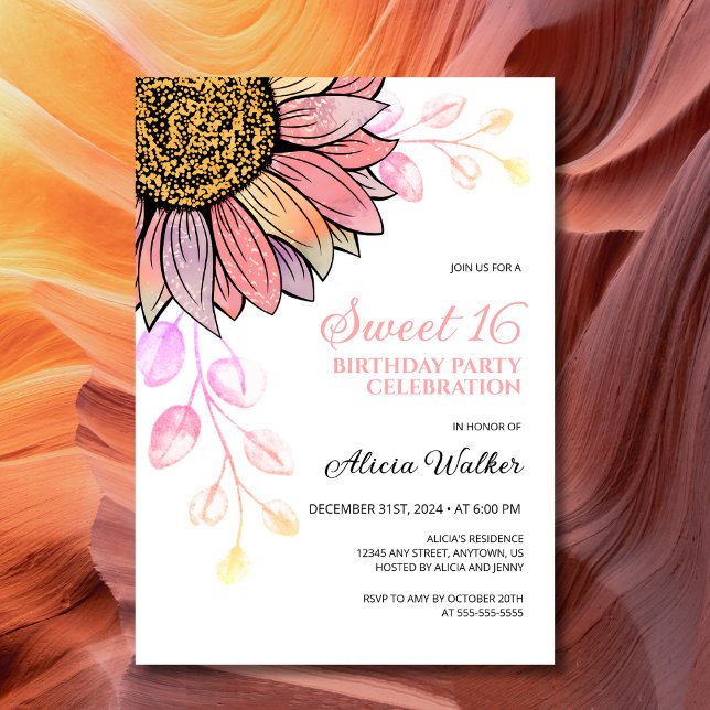 Colourful Sunflower Peach Leaf 16th Birthday  Invitation (Creator Uploaded)