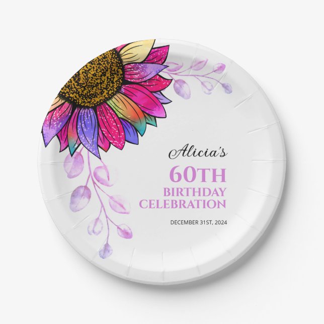 Colourful Sunflower Purple Leaf Birthday  Paper Plate (Front)