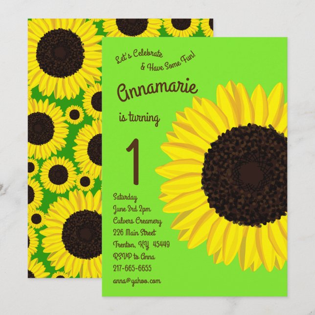 Colourful Sunflowers 1st Birthday Invitations (Front/Back)