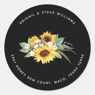 Colourful Sunflowers & Cotton Black Return Address Classic Round Sticker