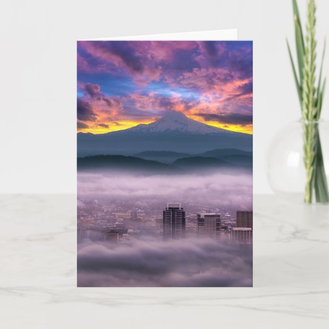 Colourful sunrise over Mt Hood and Portland Oregon Holiday Card (Front)