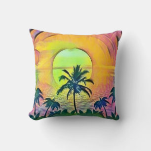 Colourful Sunset at the Beach Watercolor Painting  Cushion