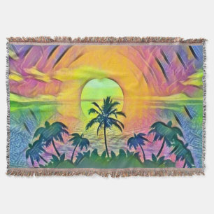 Colourful Sunset at the Beach Watercolor Painting Throw Blanket
