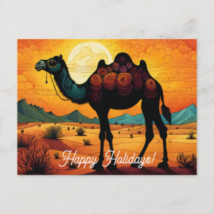 Colourful Sunset Camel in Desert Happy Holidays Postcard