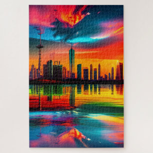Colourful Sunset Cityscape Art Jigsaw Puzzle