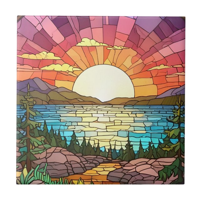 Colourful Sunset Landscape Faux Stained Glass Tile (Front)