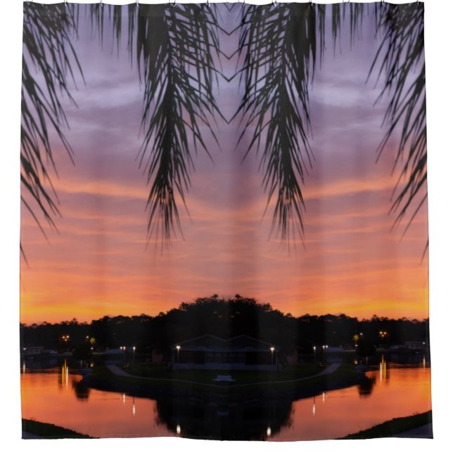 Colourful sunset scene through the palm shower curtain (Front)