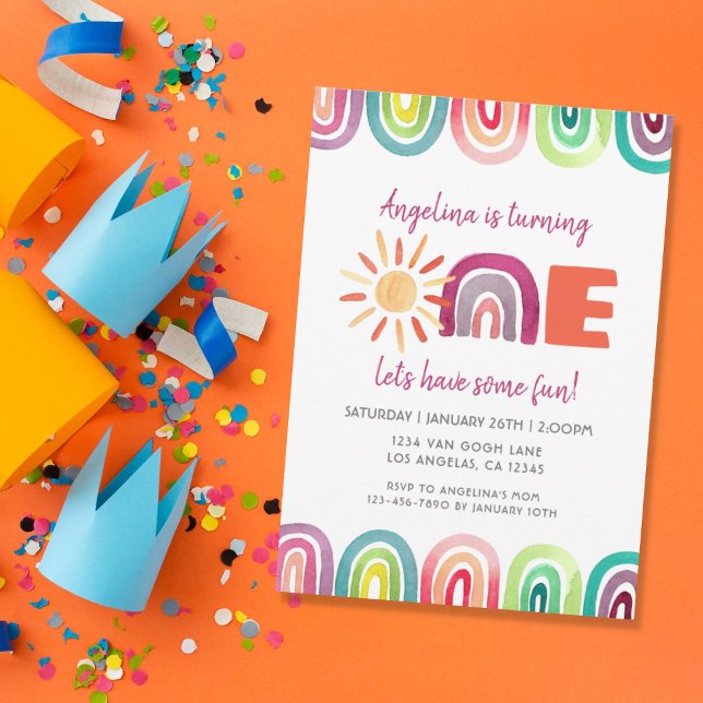 Colourful Sunshine Rainbow 1st Birthday Watercolor Invitation (Creator Uploaded)