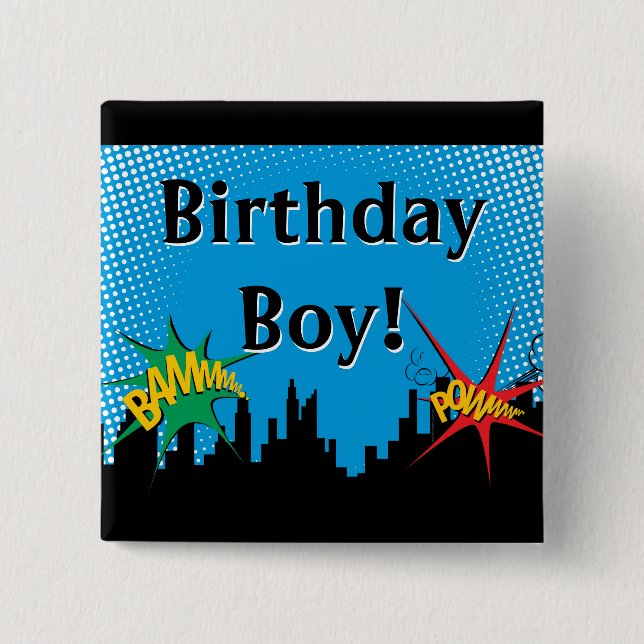 Colourful Superhero Comic Boy's Birthday Party 15 Cm Square Badge (Front)