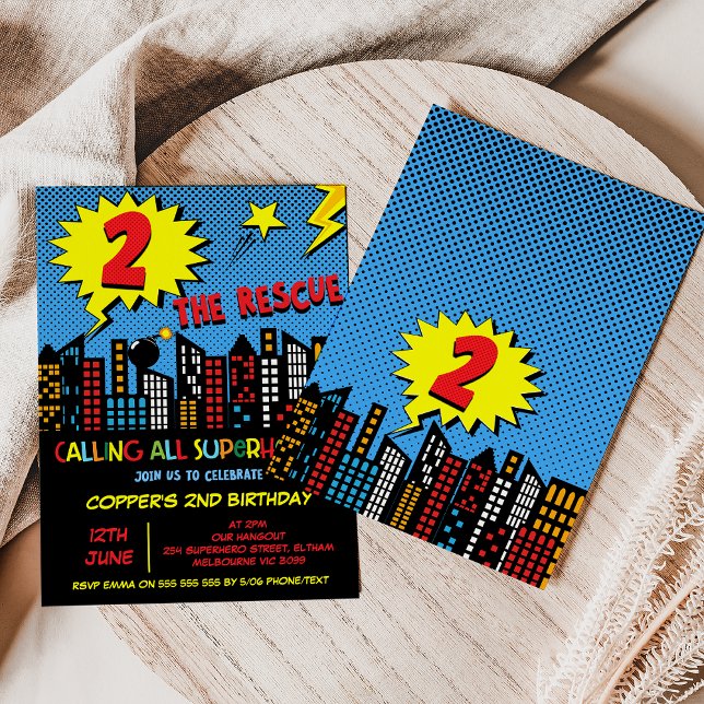 Colourful Superhero Two The Rescue 2nd Birthday Invitation (Superhero Two The Rescue 2nd Birthday Invitation Template, Boys Superhero 2nd Birthday Invitation )