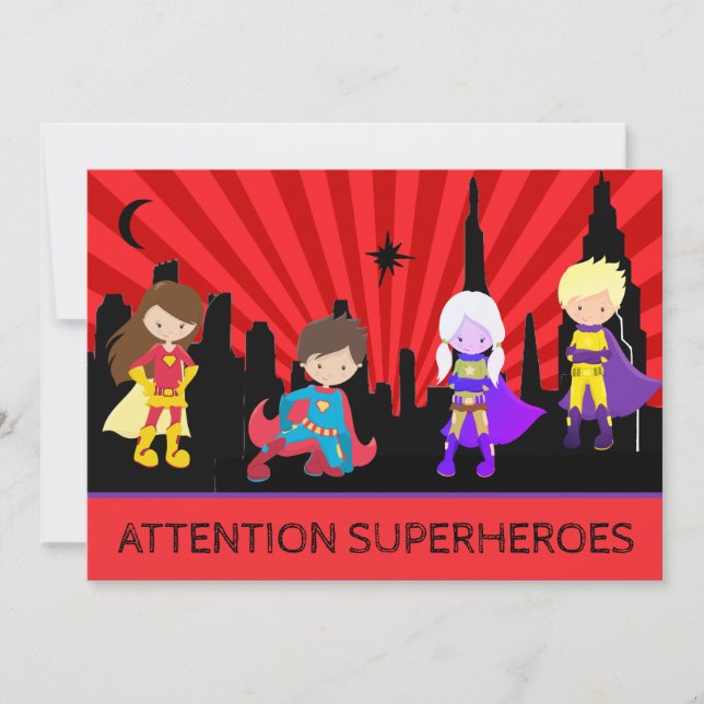 *~*  Colourful SUPERHEROS Bold Kids Birthday Party Invitation (Front)