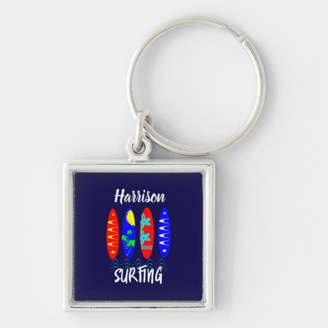 Colourful Surf Boards Surfing Fans Personalised Key Ring (Front)