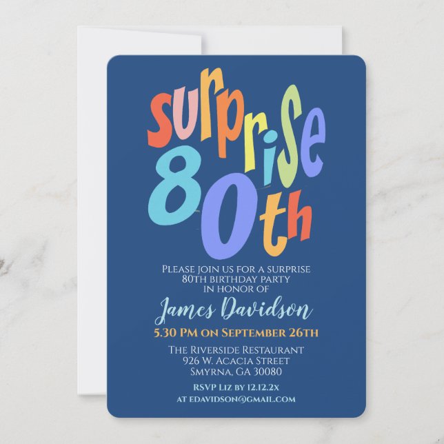 Colourful Surprise 80th Birthday Party Modern Invitation (Front)