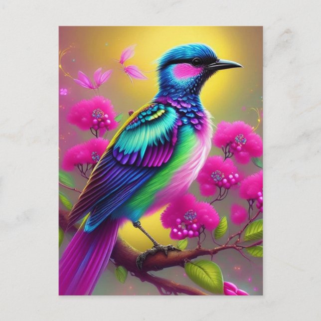 Colourful Surreal Bird Pink Flowers Postcard (Front)