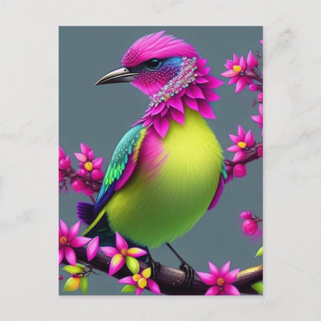Colourful Surreal Pink Yellow Bird Postcard (Front)
